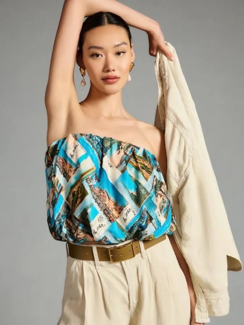 Anthropologie Blue Scenic Print Strapless Tube Top